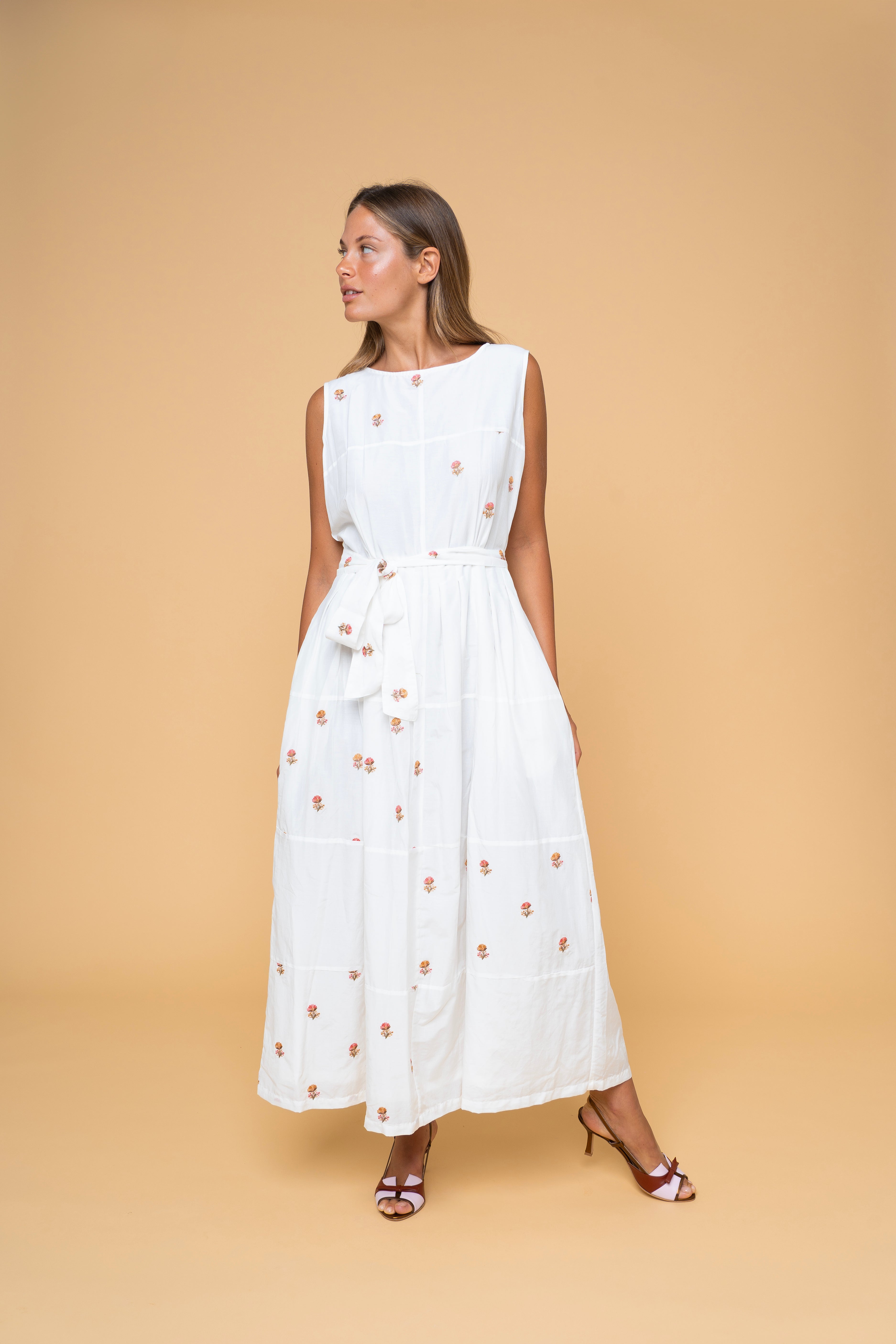 Ponza Lily abito lungo smanicato cotone seta bianco floreale donna FrancescaBi