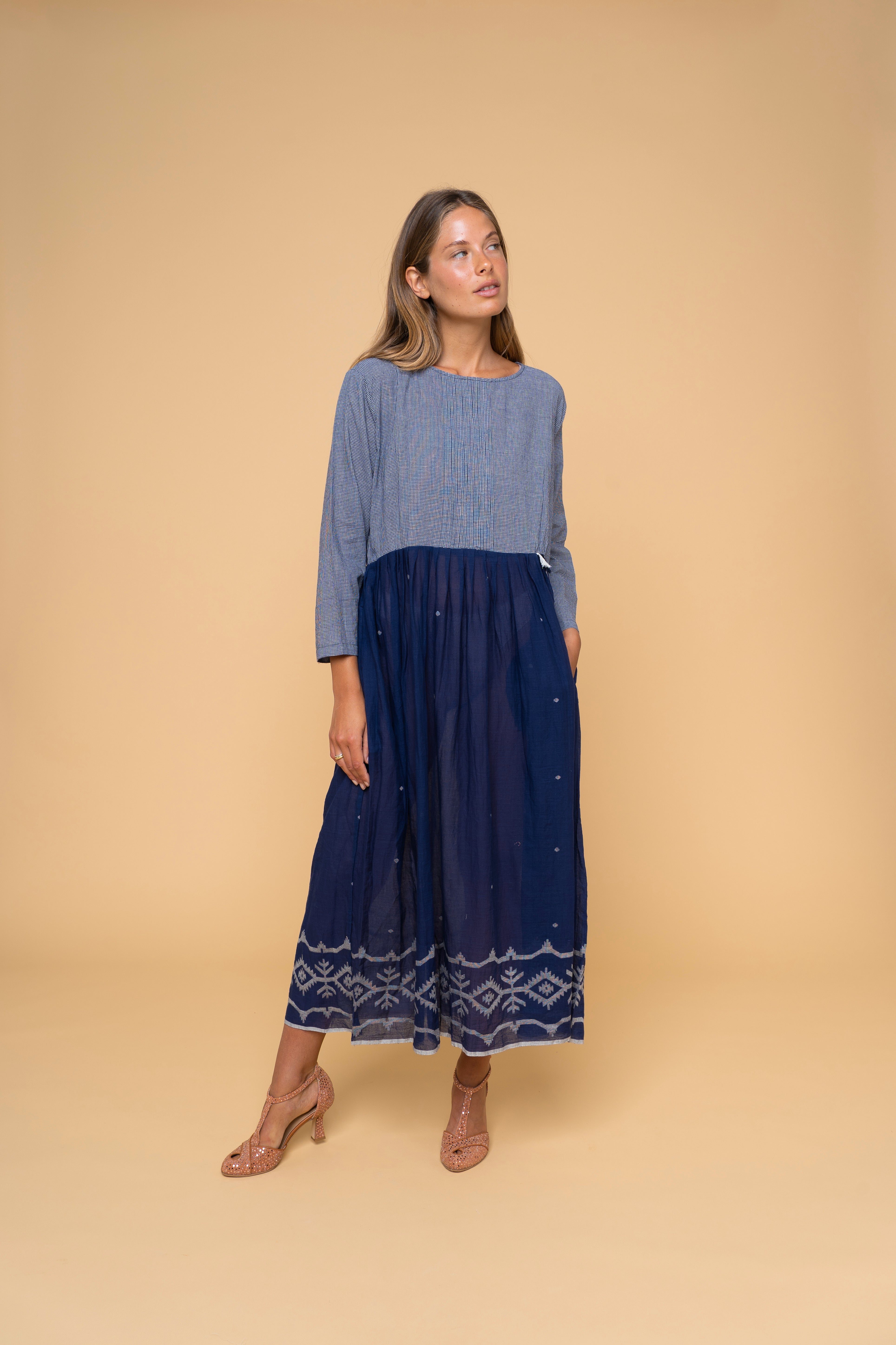 Salina Jamdani abito ampio cotone blu navy manica tre quarti donna FrancescaBi