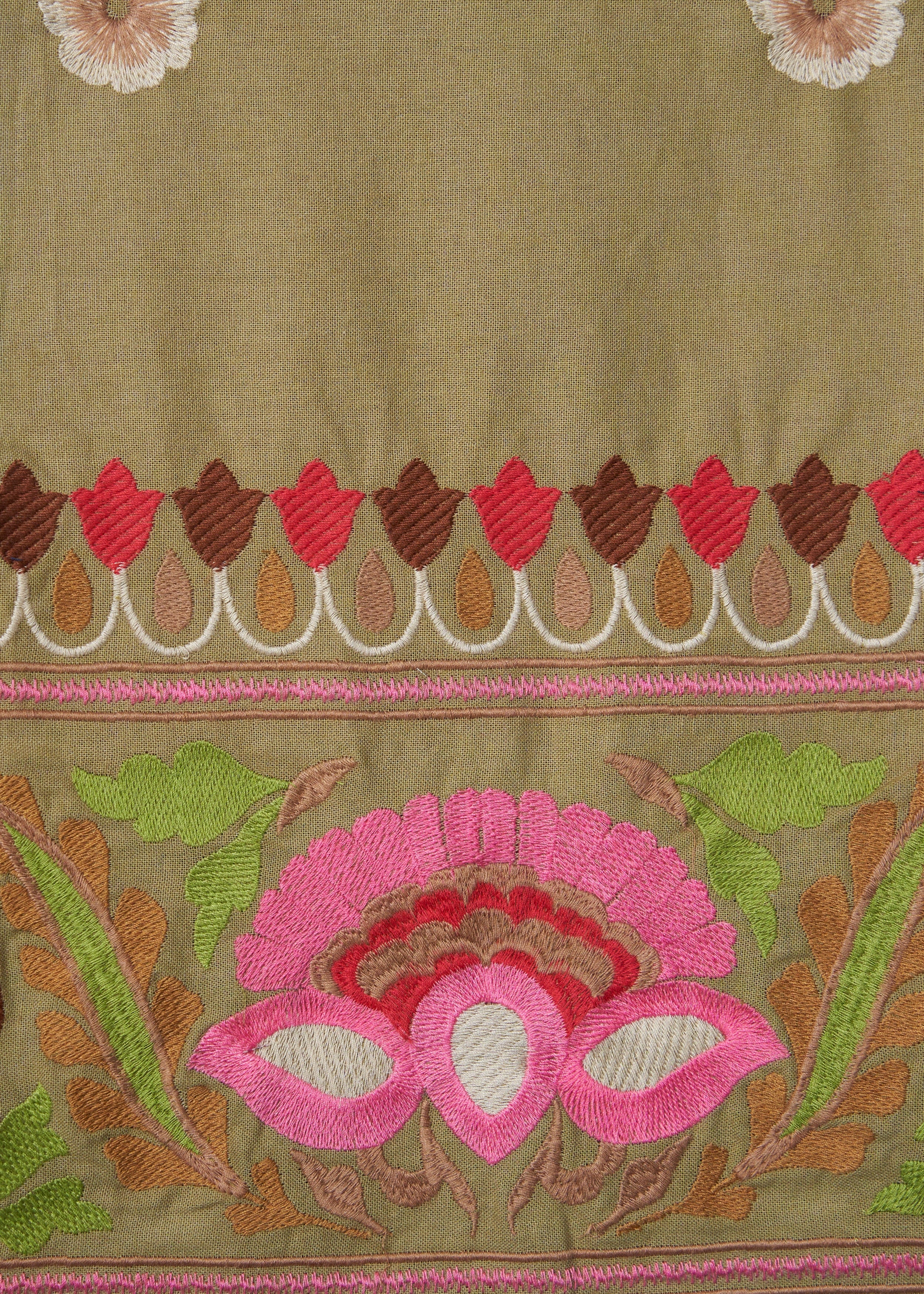 Tessuto cotone ricamo floreale beige rosa bordo FrancescaBi artigianale