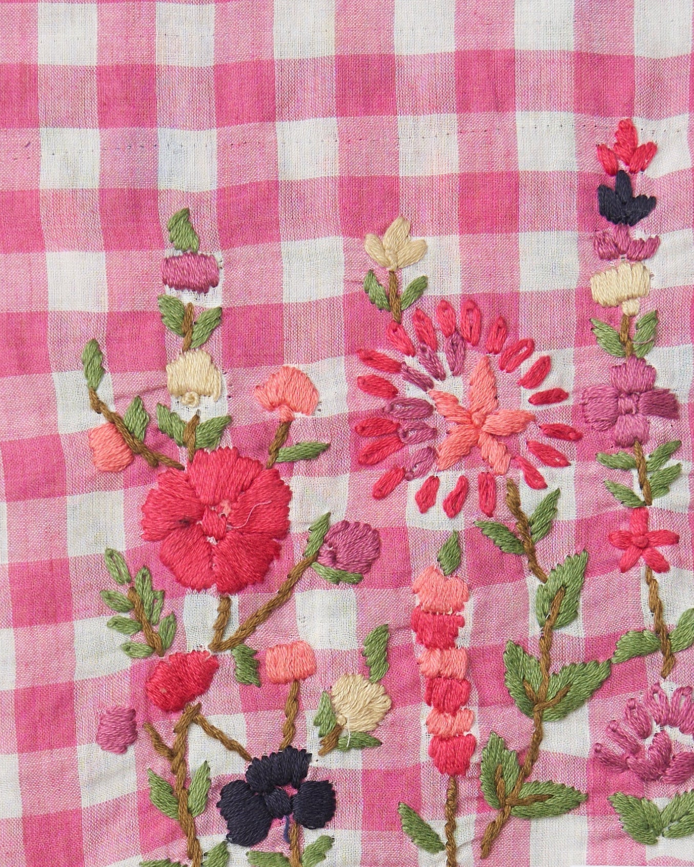 Tessuto cotone quadretti rosa ricamo floreale Nizza Prato FrancescaBi