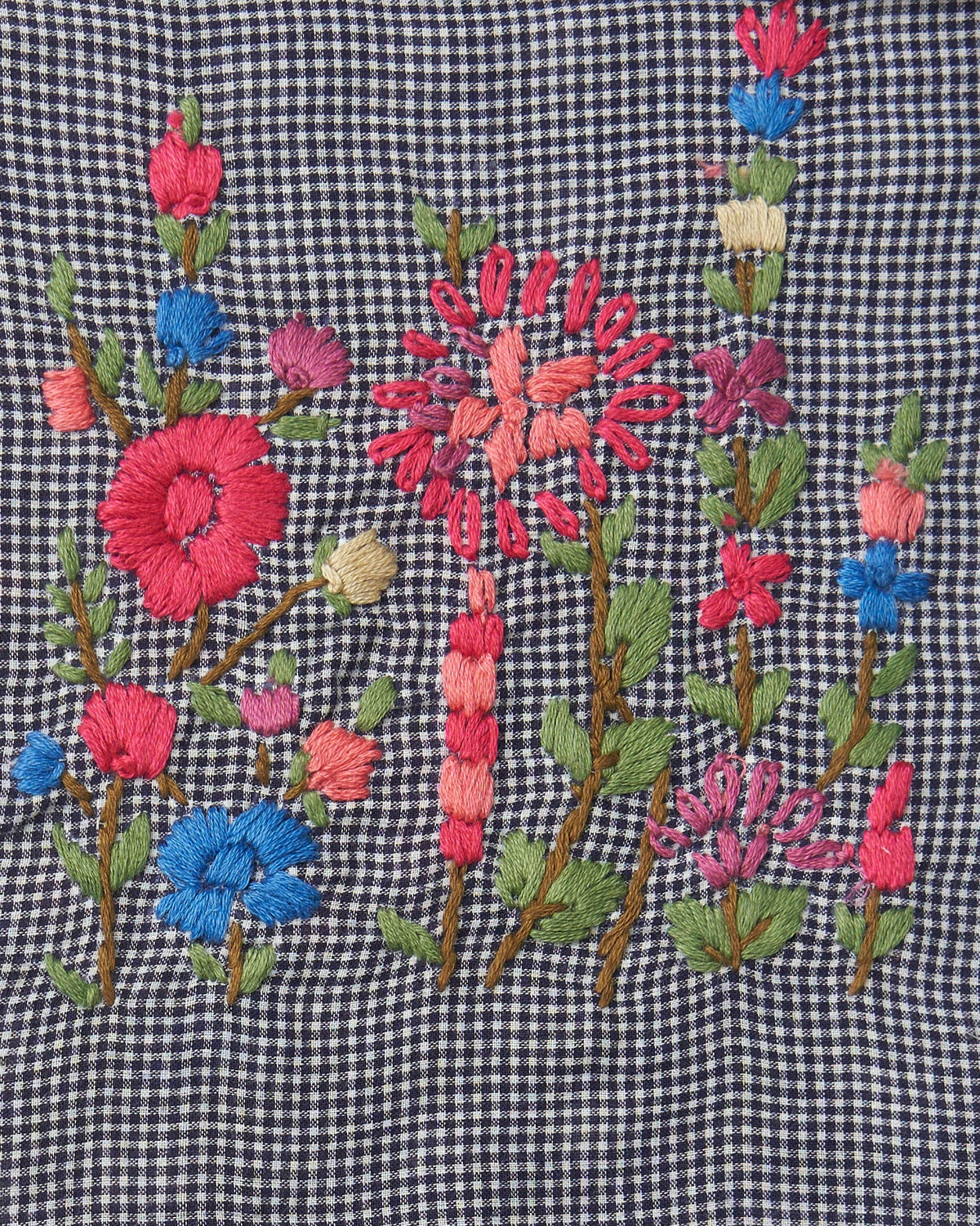 Tessuto cotone quadretti blu navy ricamo floreale Buja Prato FrancescaBi