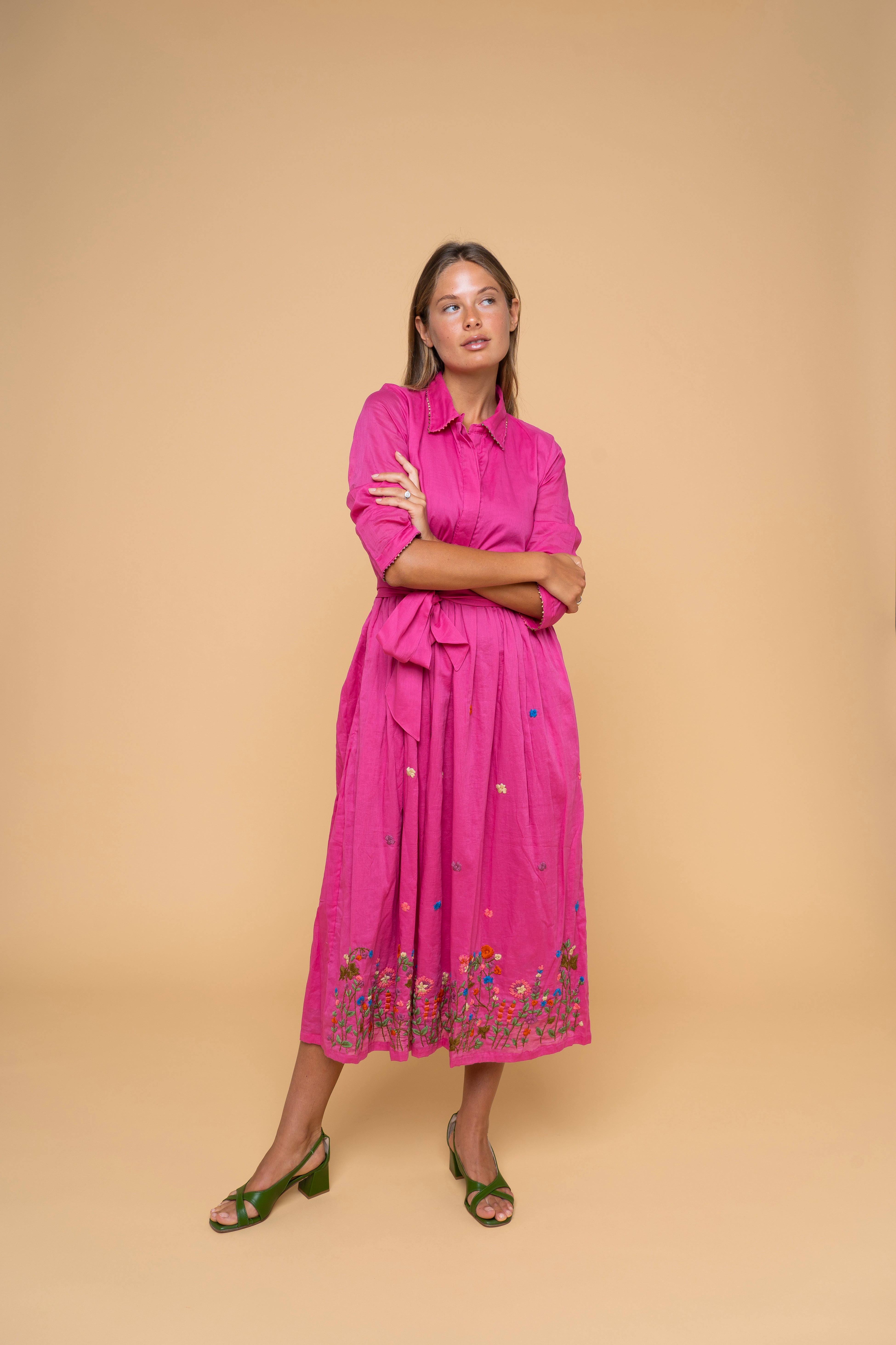Mallorca Prato abito cotone fucsia colletto cintura ricami floreali donna FrancescaBi