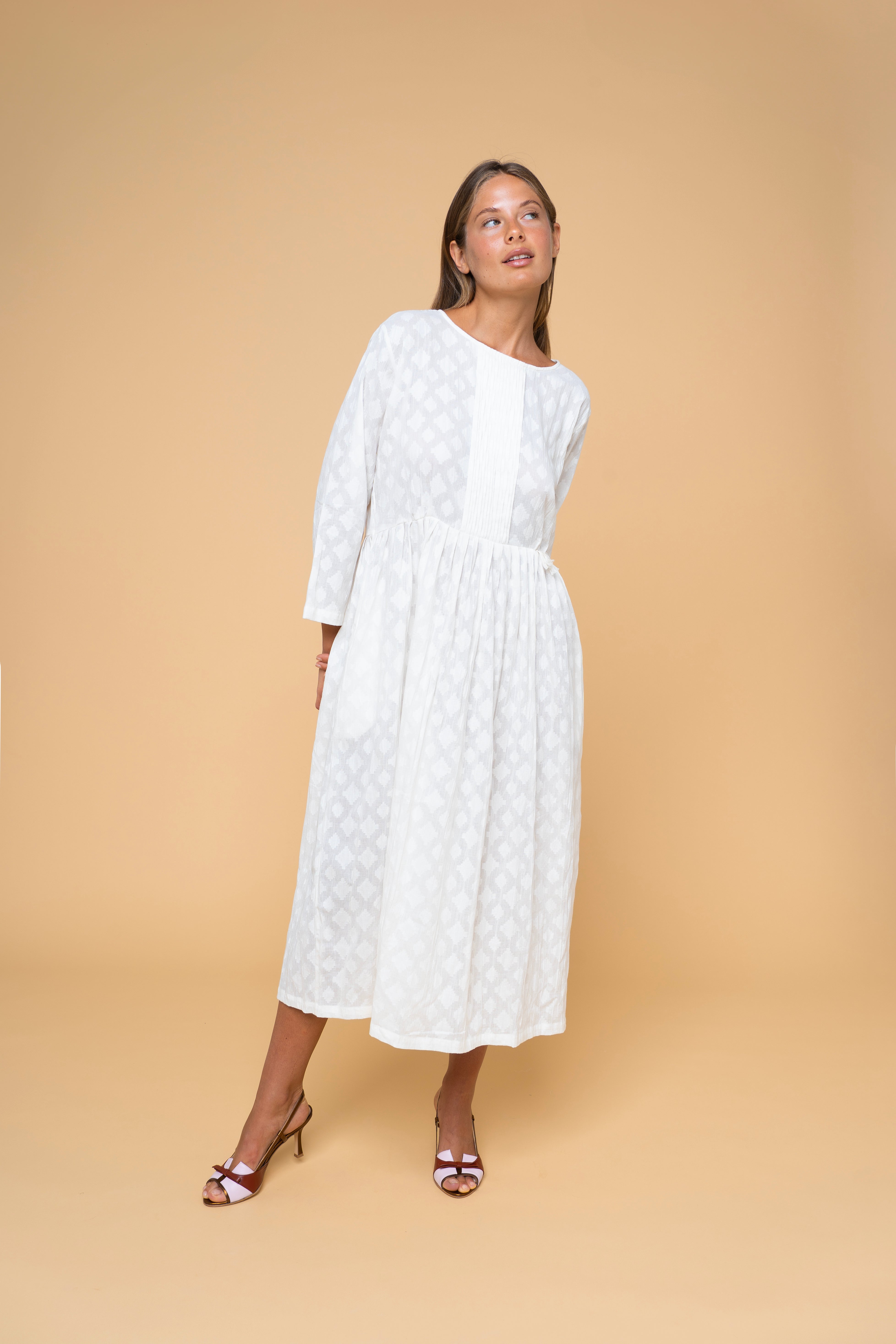 Salina White abito ampio cotone bianco manica tre quarti donna FrancescaBi