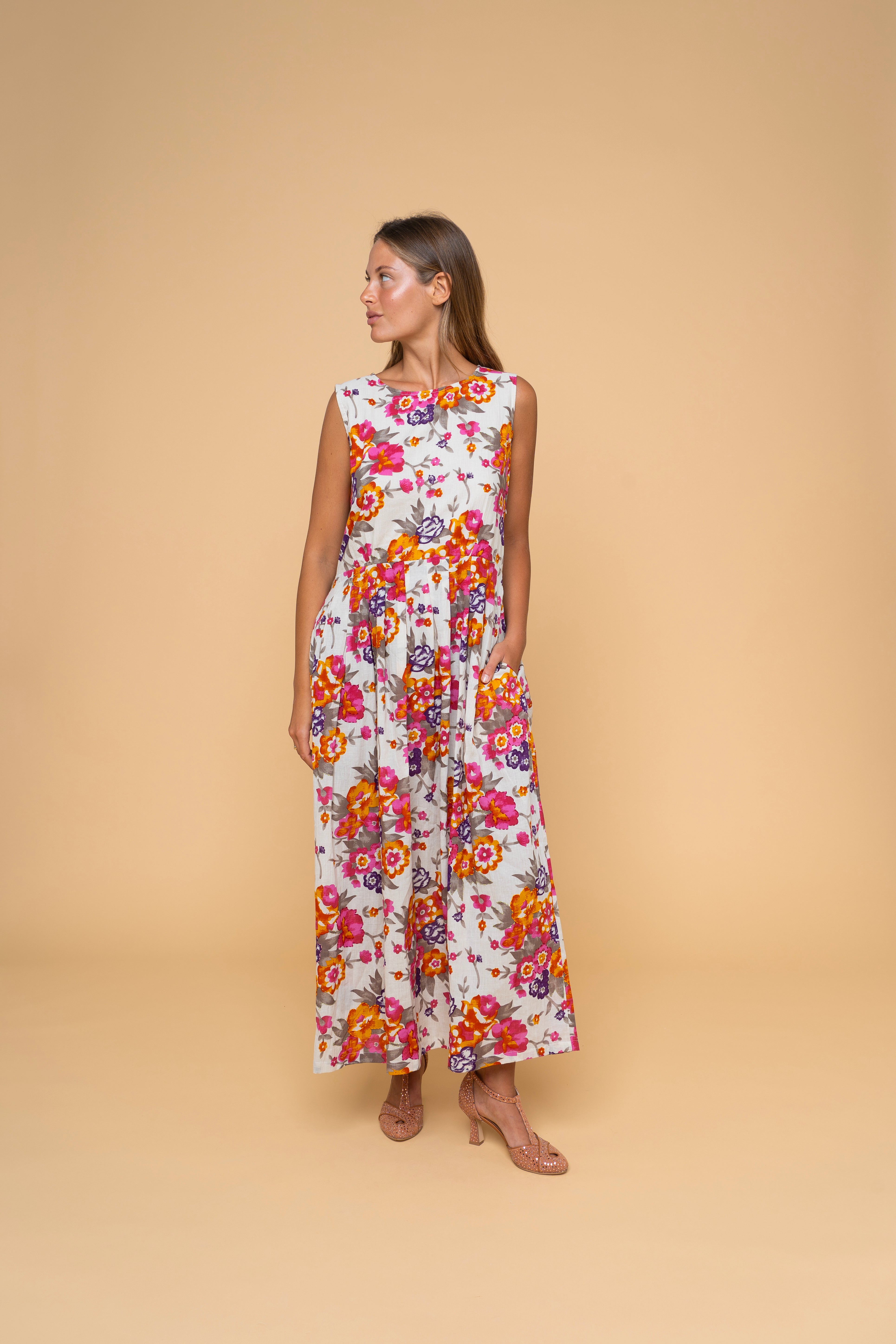 Ponza Fiori abito lungo smanicato cotone stampato floreale multicolor donna FrancescaBi