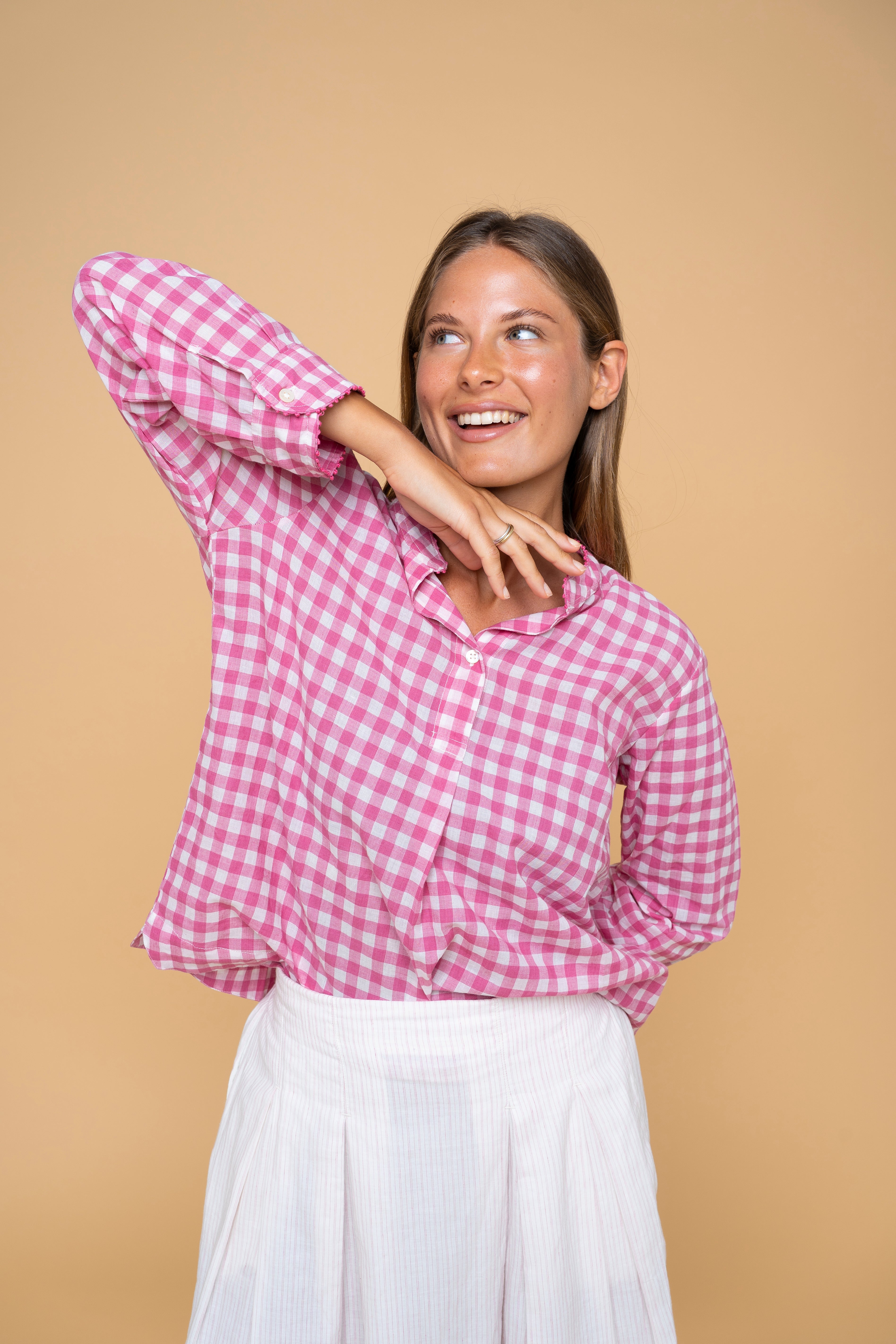 Grasse camicetta cotone tessuto a mano rosa quadretti donna FrancescaBi