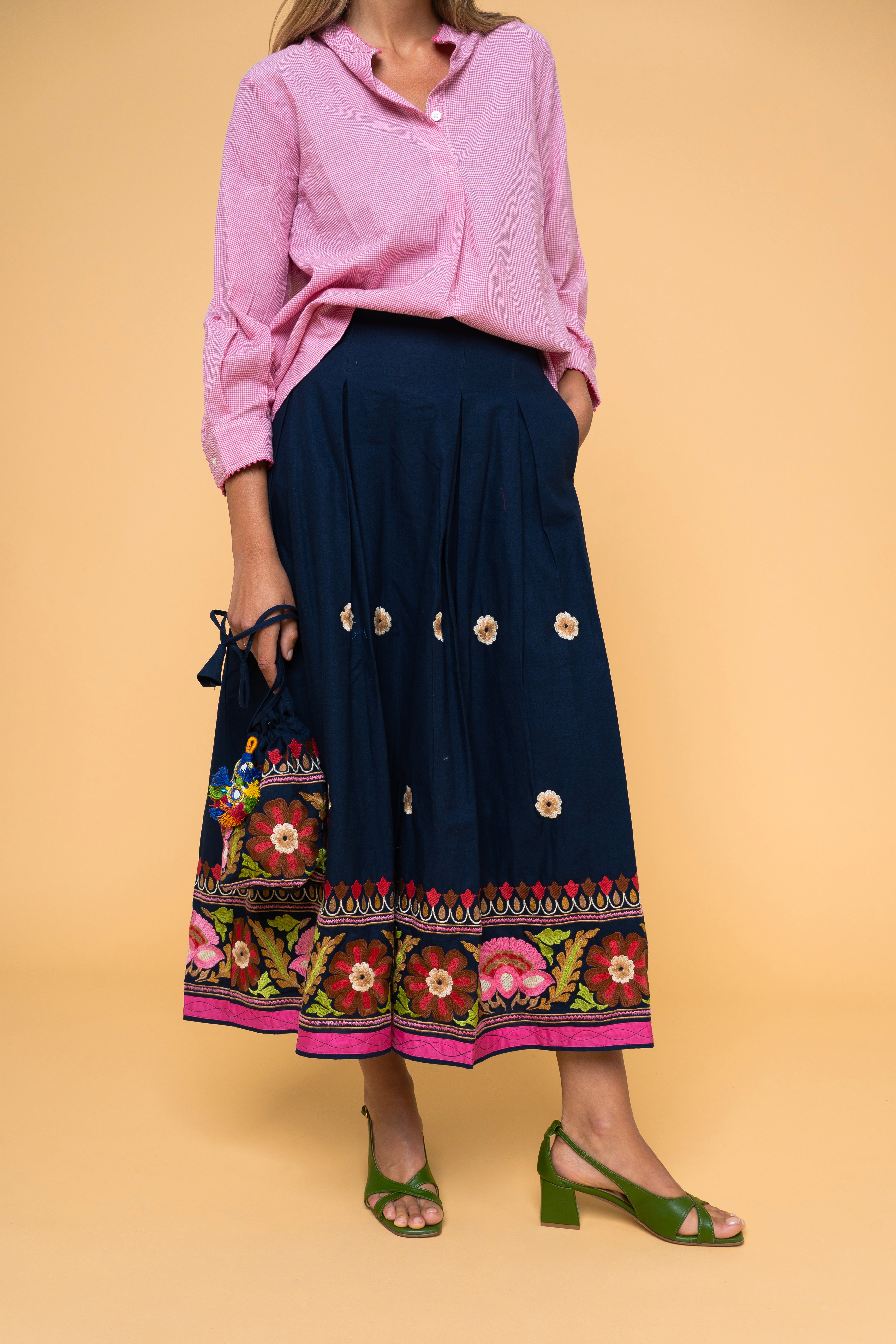 Fleur Fiori gonna pieghe cotone blu navy ricami floreali bordo donna FrancescaBi