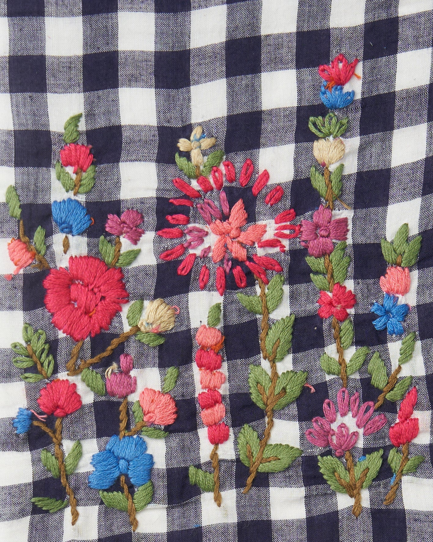 Tessuto cotone quadretti blu scuro ricamo floreale Nizza Prato FrancescaBi